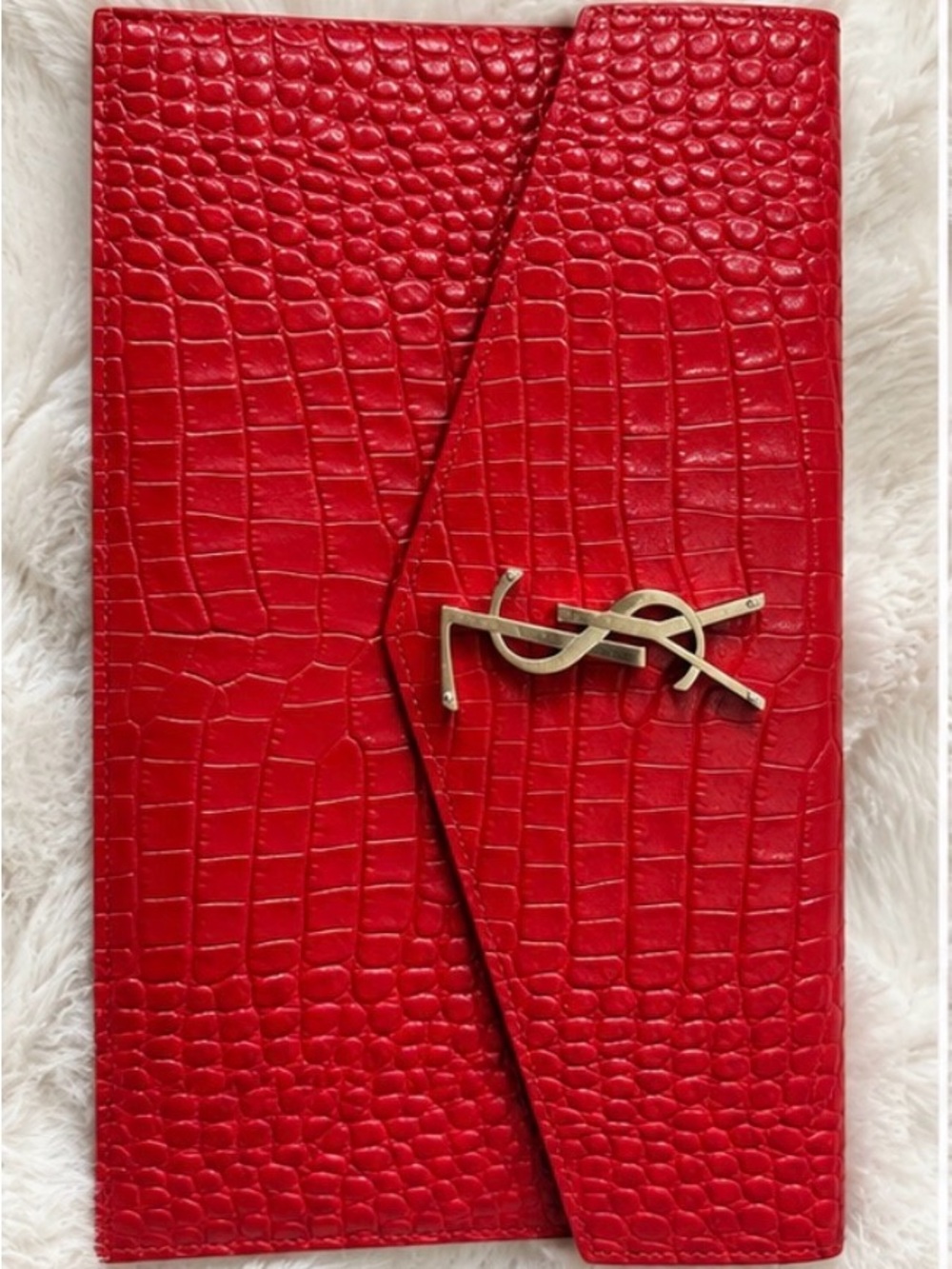 REAL 2026! Saint Laurent Red Croc-Embossed Envelope Card Holder with Gold Logo